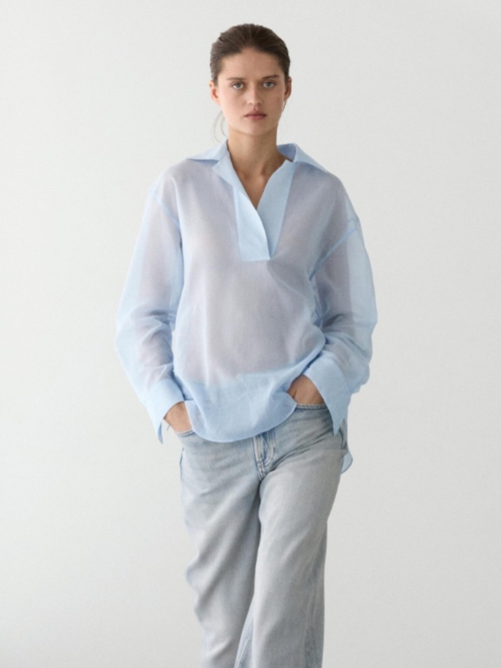 Massimo Dutti Light Blue Relaxed Polo Blouse NWT XS 5147/847